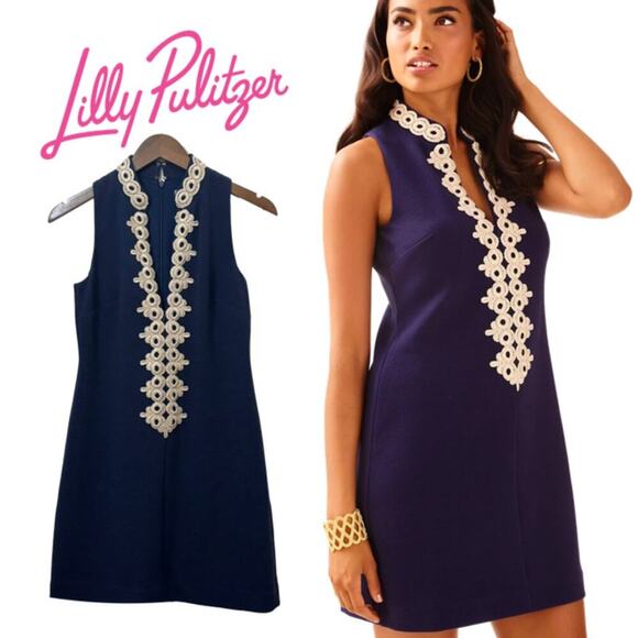 Lilly Pulitzer Dresses & Skirts - Lilly Pulitzer Callista Shift Dress Navy Gold Lace XS Sleeveless Sold Out